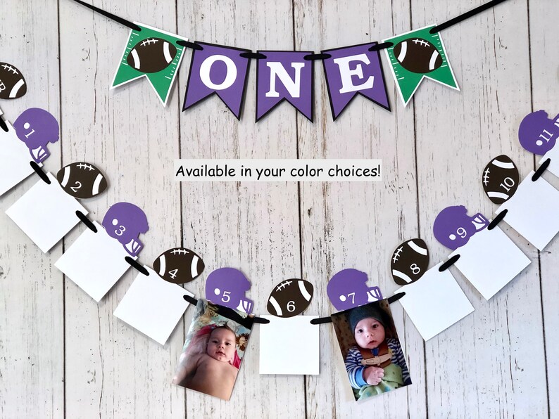 Football First Birthday Decorations Football 12 Month Photos Football 1st Year Photo Banner ONE High Chair Decor Baby's Rookie Year image 1