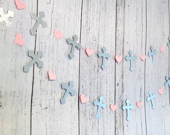 Christening Cross Garland - Silver & pink Baptism decorations - First Communion Garland - Baby Dedication Decor - Your Color choice