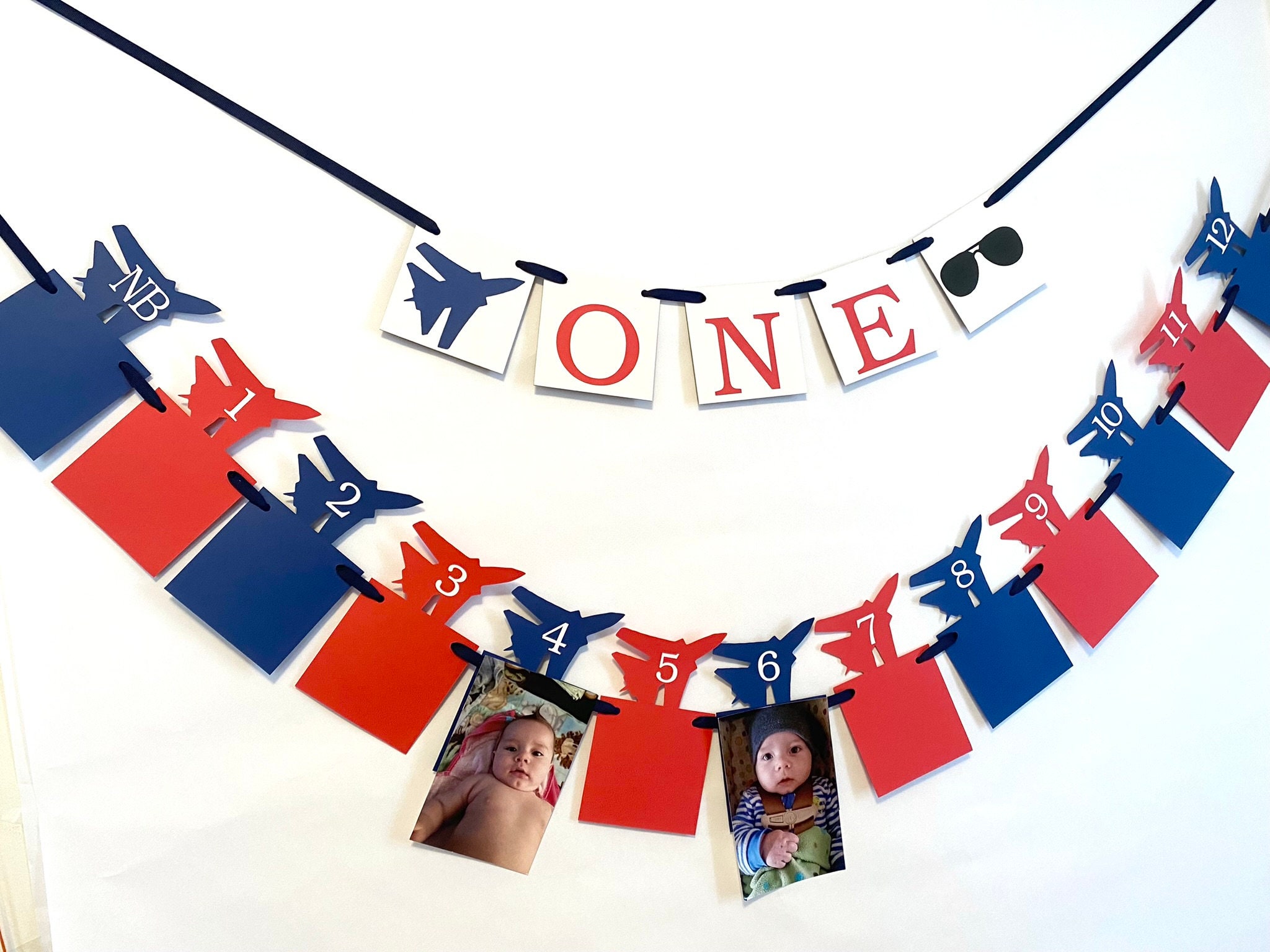 Top One First Birthday Banner - Military 12 Month Photo banner boy - Fighter Jet 1st Birthday - ONE High Chair decor - Time Flies Birthday