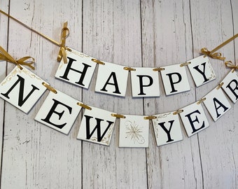 Happy New Year Banner: Gold & Black New Year's Eve Party Decor