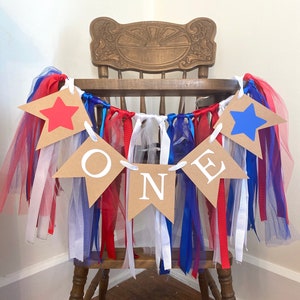 Fourth of July First Birthday Decorations  Little Firecracker 1st Birthday Backdrop - Cake Smash Photo Prop Girl Boy - One high Chair Banner