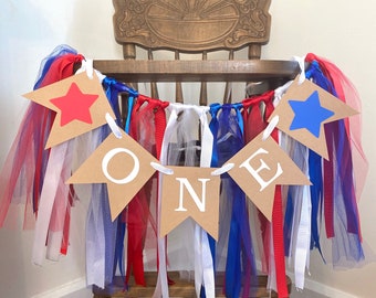 Fourth of July First Birthday Decorations  Little Firecracker 1st Birthday Backdrop - Cake Smash Photo Prop Girl Boy - One high Chair Banner