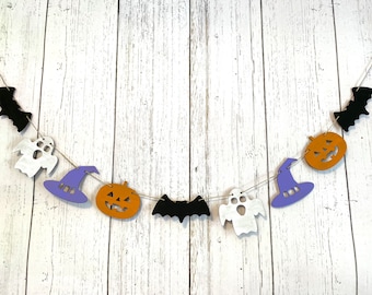 Halloween Garland - Farmhouse Halloween Decorations - Pumpkin Bat Ghost Banner - Upcycled Rustic Home Decor