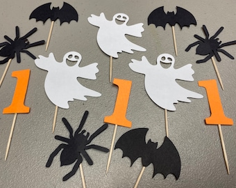 Spooky ONE cupcake toppers, Halloween Cake toppers, Two Spooky, Spiders, Ghosts, Bats , Birthday Party Decor, Halloween Party Props