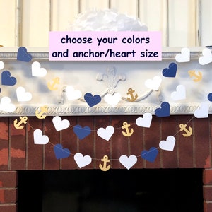 Wedding Garland / Anchors and Heart Garland / Navy and White Beach wedding Decor / Nautical Bridal Shower Decor / your color choice