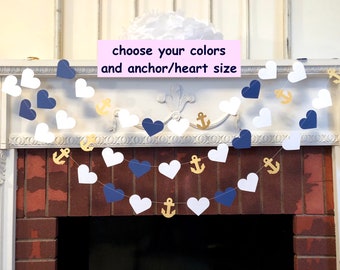 Wedding Garland / Anchors and Heart Garland / Navy and White Beach wedding Decor / Nautical Bridal Shower Decor / your color choice