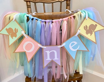 Bunny First Birthday High Chair Banner: Pastel Rainbow Decor
