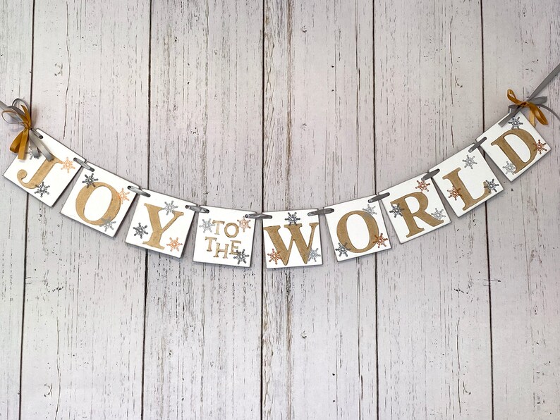 Christmas Decorations Gold JOY to the WORLD Banner Gold and Silver Christmas Garland Christmas Banner Holiday Family Photo Prop image 4