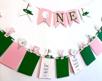 Mastered it Hole in ONE 1st Birthday- Pink and Green Golf Themed 1st Birthday 12 Months Photo Banner- Girls Golf ONE High Chair garland