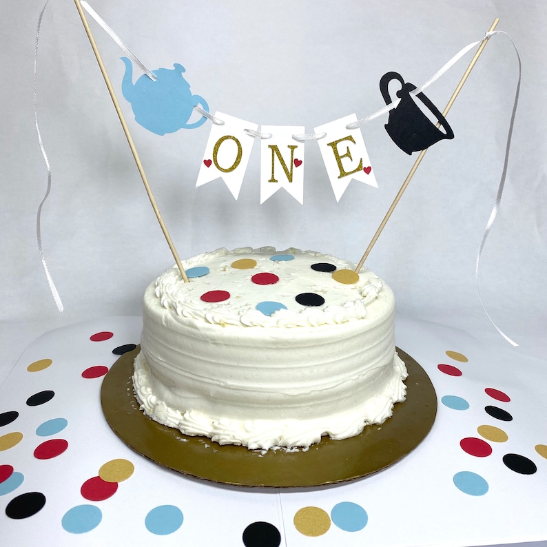 Tea for Two birthday decorations Alice in ONEderland Banner First birthday Photo Backdrop Blue Wonderland First Birthday Decor image 9