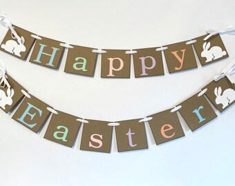 Pastel Happy Easter decorations - Happy EASTER Mantle or Wall Banner - Rustic Easter Garland - Easter bunny banner