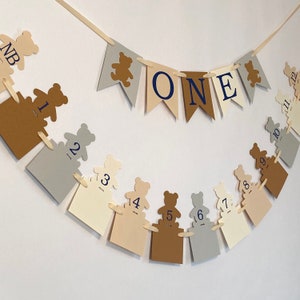 Neutral Beary 1st Birthday Navy - ONE High Chair Banner- Teddy Bear 12 ...