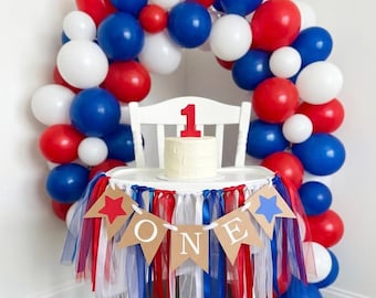 Fourth of July First Birthday Decorations  Little Firecracker 1st Birthday Backdrop - Cake Smash Photo Prop Girl Boy - One high Chair Banner