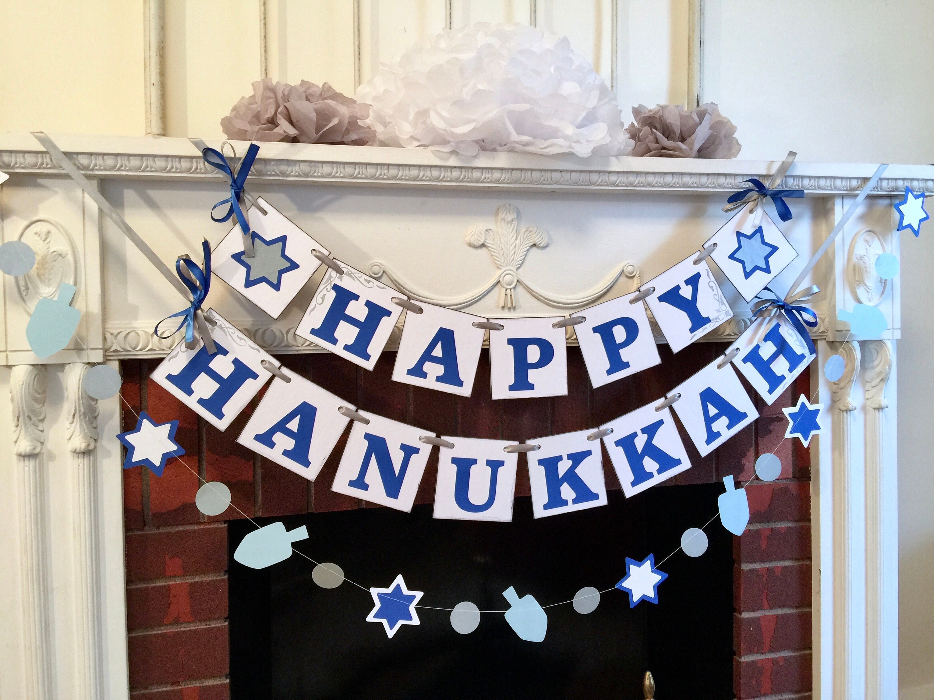 Happy Hanukkah Banner & Garland - Blue Illumination Party Decor With Dreidel & Menorah Designs