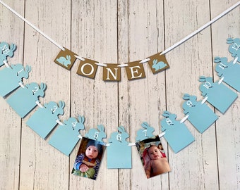 Easter first birthday Decorations- 12 month photo banner - Bunny 1st Birthday Boy - Blue bunny 1st Birthday Backdrop  - Some Bunny is One