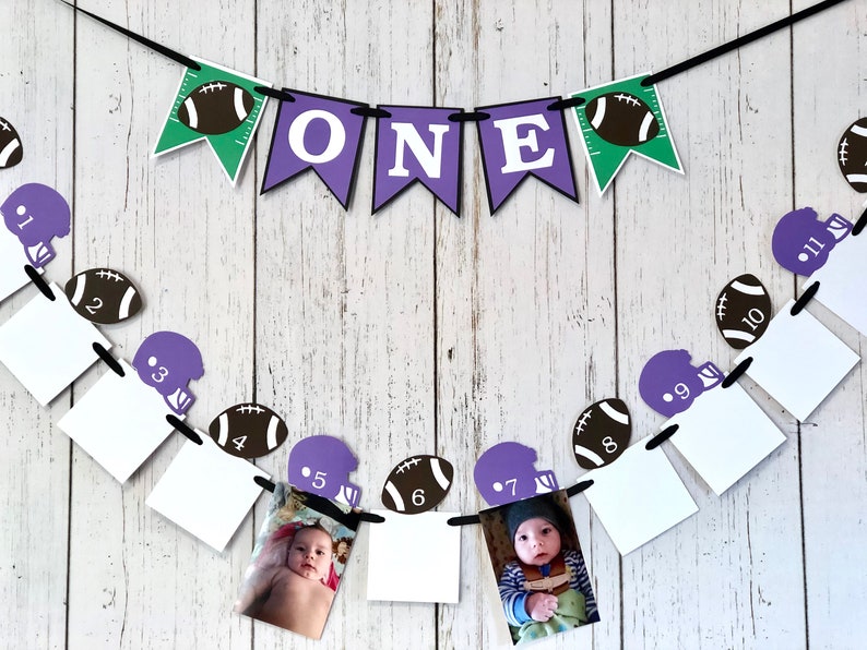 Football First Birthday Decorations Football 12 Month Photos Football 1st Year Photo Banner ONE High Chair Decor Baby's Rookie Year image 2