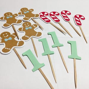 Gingerbread Cup Cake Toppers - Blue Sweet One 1st Birthday Cake toppers , Candy Cane Toppers, Winter Onederland 1st Birthday Girl