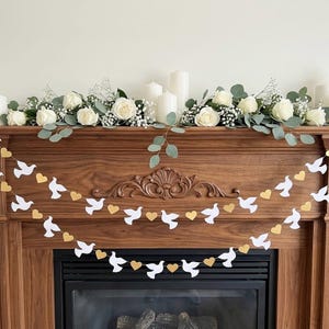 Dove & Heart Garland: Gold and White Christening, Wedding Decor