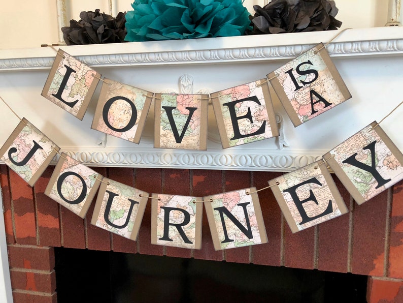 Love is a Journey Banner, Travel Wedding Decorations, Travel Bridal Shower Decor, Vintage Map Cards Sign, Wedding Decor, Adventure Wedding image 3