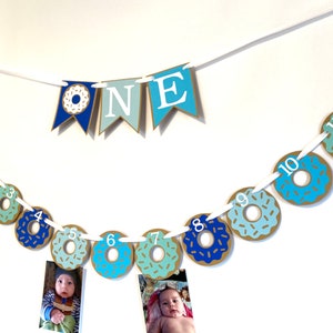 Donut First Birthday Decorations Boy - 12 month Photo Banner Blue- ONE High Chair Garland - Donut Grow Up 1st Birthday Backdrop - Cake Smash