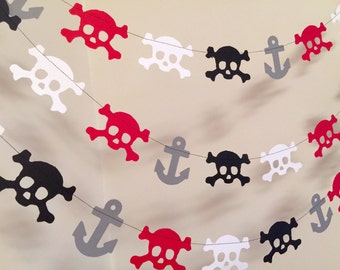 Pirate First Birthday Decorations / Red and Black Pirate Garland / Skulls and Anchors Garland / Pirate Birthday Decorations / Pirate Party