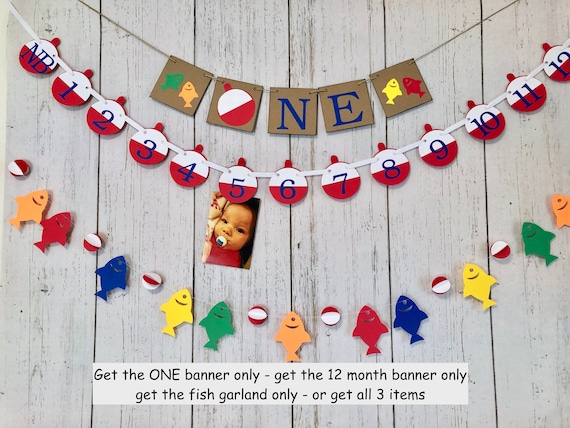 Buy The Big One Birthday Decorations 12 Month Photo Banner Bobber Gone Fishing  Birthday High Chair Banner Ofishally One Bobber Garland Online in India 