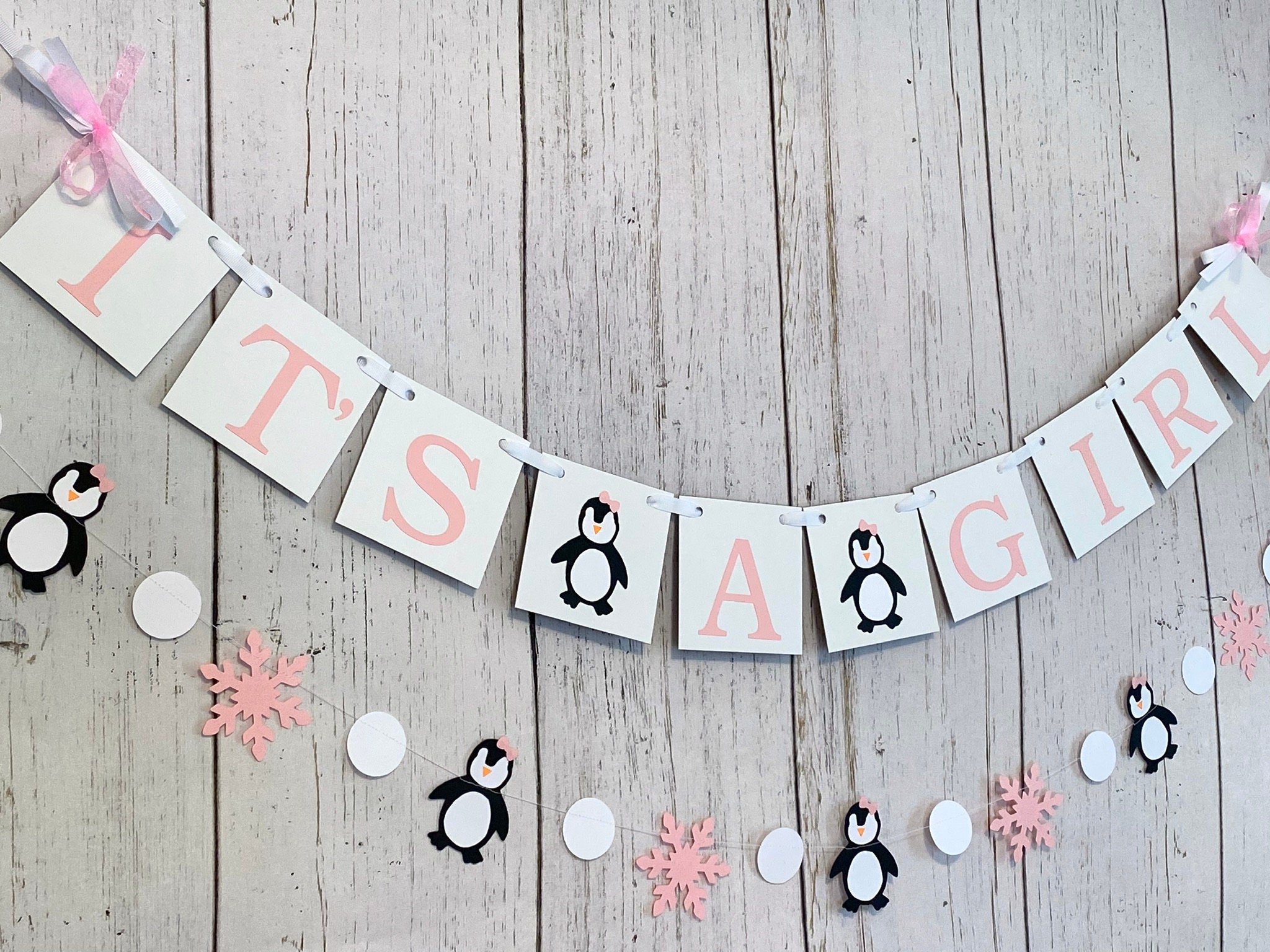 Penguin Baby Shower Girl Penguin Garland Its a Girl Banner Little Snowflake Decorations Pink Baby its Cold Outside Decor