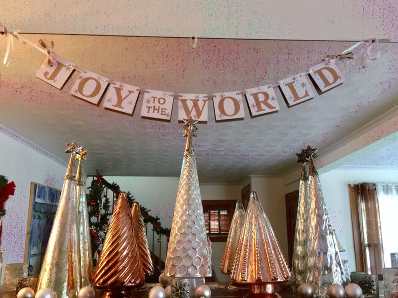 Christmas Decorations Gold JOY to the WORLD Banner Gold and Silver Christmas Garland Christmas Banner Holiday Family Photo Prop image 1
