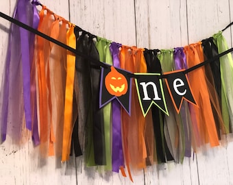 Halloween First Birthday Decor - Spooky ONE 1st Birthday Backdrop - ONE Cake Smash Photo Prop Girl Boy - Black Orange High Chair tutu