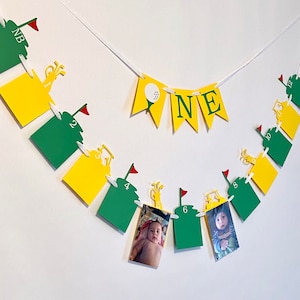 Hole in ONE first Birthday Yellow- Green Golf Theme 1st Birthday- 12 Month Photo Banner- ONE High Chair garland- Par-Tee 1st Birthday Banner