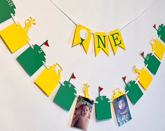 Hole in ONE first Birthday Yellow- Green Golf Theme 1st Birthday- 12 Month Photo Banner- ONE High Chair garland- Par-Tee 1st Birthday Banner