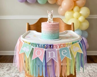 Bunny First Birthday Banner: Pastel Rainbow High Chair Decor