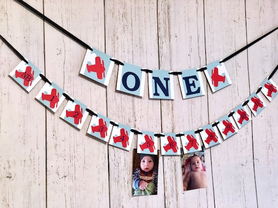 Vintage Airplane Banner I am 1 ONE High Chair Banner Airplane 12 Month Photo Banner Time Flies First Birthday Decorations 1st Year Photos Il_570xn
