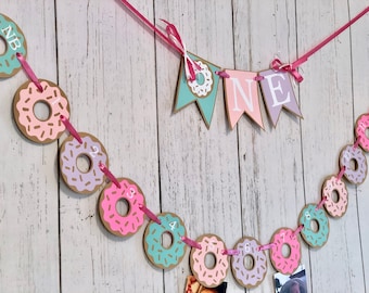 Donut First Birthday Decorations - 12 month Photo Banner Girl- ONE High Chair Garland - Donut Grow Up 1st Birthday Backdrop - Cake Smash