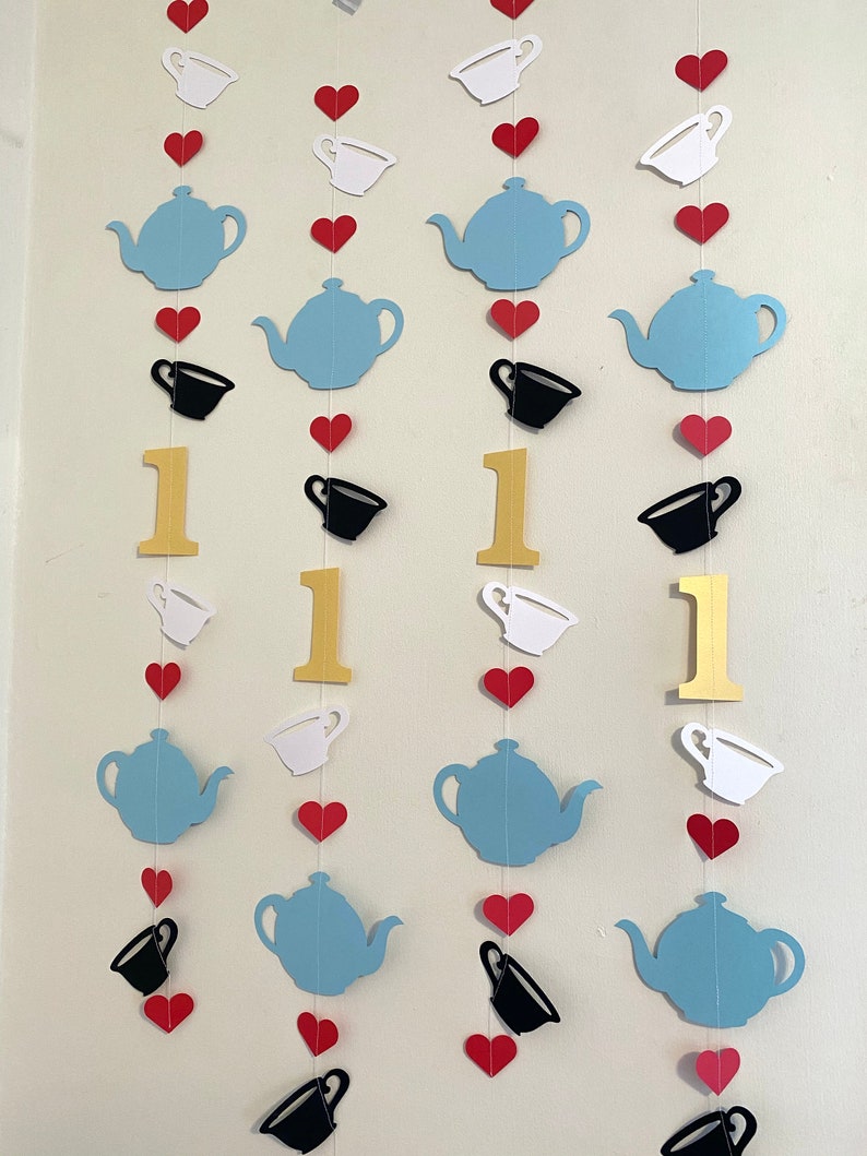 Tea for Two birthday decorations Alice in ONEderland Banner First birthday Photo Backdrop Blue Wonderland First Birthday Decor image 5