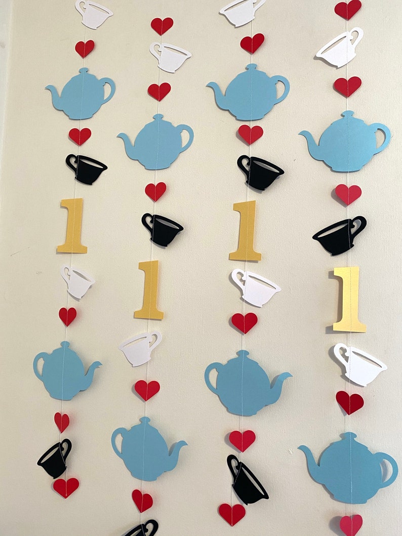 Tea for Two birthday decorations Alice in ONEderland Banner First birthday Photo Backdrop Blue Wonderland First Birthday Decor image 4
