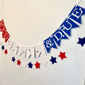Red, White and Due 4th of July Gender Reveal Sign, Little Firecracker Baby Shower Decor, He or She Banner , Red, white and blue Star Garland image 3