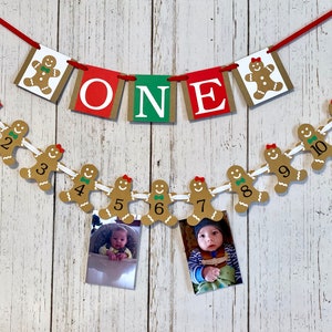 Gingerbread 1st Birthday - ONE high chair Banner- Gingerbread Man First Birthday - Christmas 12 Month Photo banner - 1st Year Photos