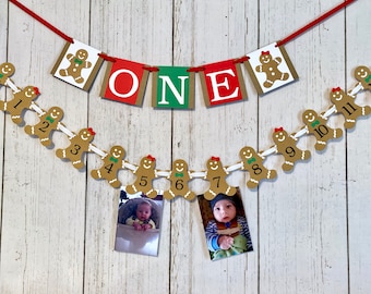 Gingerbread 1st Birthday - ONE high chair Banner- Gingerbread Man First Birthday - Christmas 12 Month Photo banner - 1st Year Photos