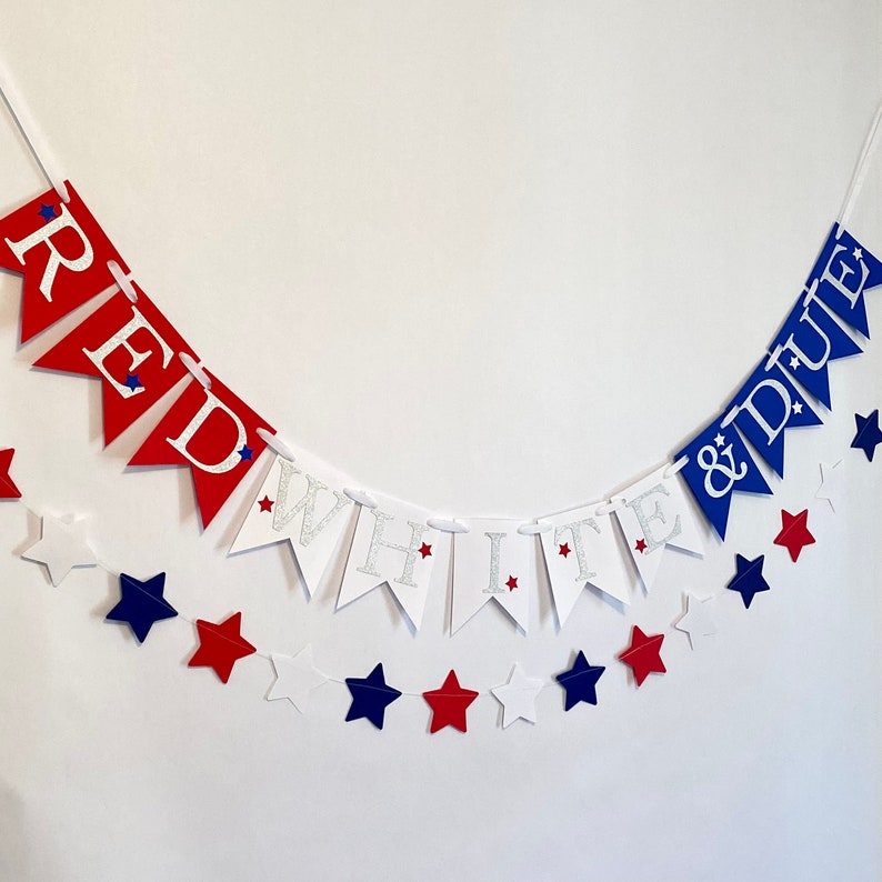 Red, White and Due 4th of July Gender Reveal Sign, Little Firecracker Baby Shower Decor, He or She Banner , Red, white and blue Star Garland image 7