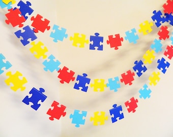 Puzzle Piece Garland - Missing Piece Adoption decoration- Autism Awareness Decor -5 or 10 foot Puzzle piece garland - Your color choices