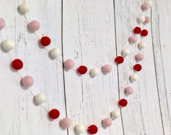 Valentines Day Decorations - Wool Felt Ball Garland - Pom Pom Felt Ball Banner - Valentine Baby Shower - Valentines Day 1st Birthday Decor