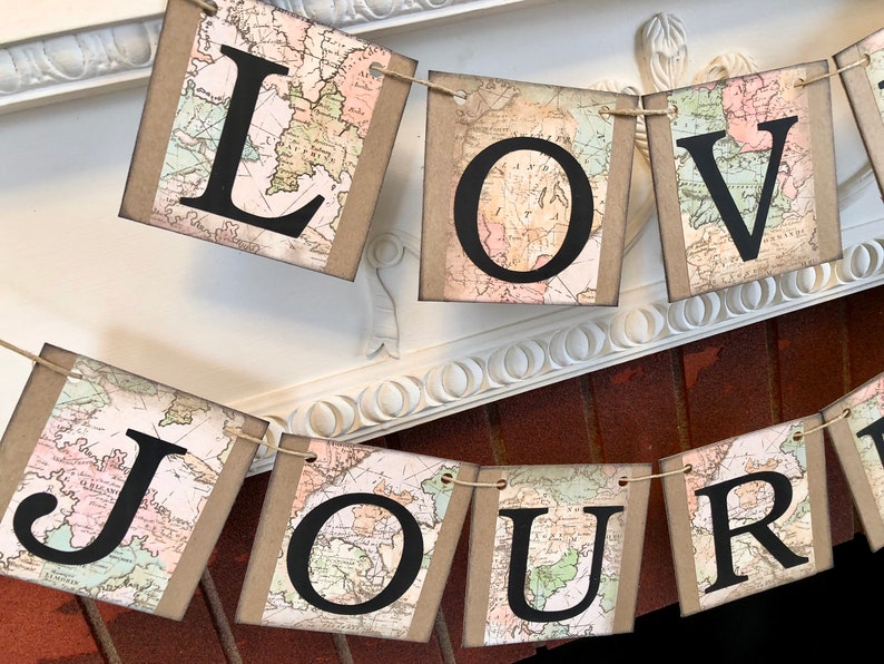 Love is a Journey Banner, Travel Wedding Decorations, Travel Bridal Shower Decor, Vintage Map Cards Sign, Wedding Decor, Adventure Wedding image 6