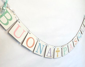 Buona Pasqua Banner: Italian Easter Garland with Gold Cross