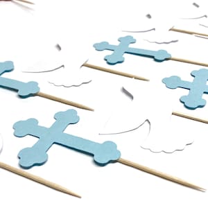 Blue Christening Cross and Dove cupcake Toppers - Baptism or First Communion - Religious Baby Dedication Cake Topper - Cross Food Markers