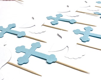 Blue Christening Cross and Dove cupcake Toppers - Baptism or First Communion - Religious Baby Dedication Cake Topper - Cross Food Markers