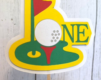 Hole in ONE first Birthday Decorations- Mastered 1st Year Themed Cake Topper- Golf Cake Smash topper - Yellow Hole in ONE Birthday Prop -