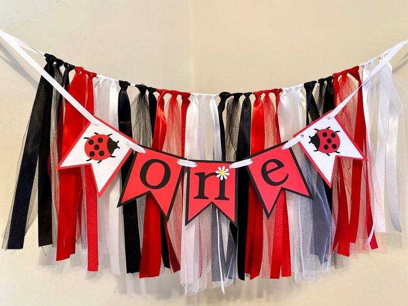 Ladybug First Birthday Decor / Little Lady 1st birthday decor/ ONE High chair Banner / 1st birthday Girl / Cake Smash Prop / High Chair Tutu word +24 inch ribbon