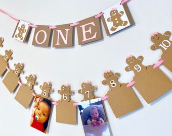 Gingerbread First Birthday Banner: High Chair Decor, 12-Month Photo Display