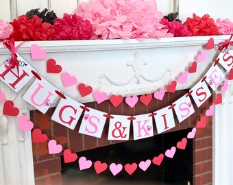 Valentines Day Decorations , Hugs and Kisses Banner , Valentine Gift idea for Her , Valentines Heart Bunting, Valentines Heart Banner